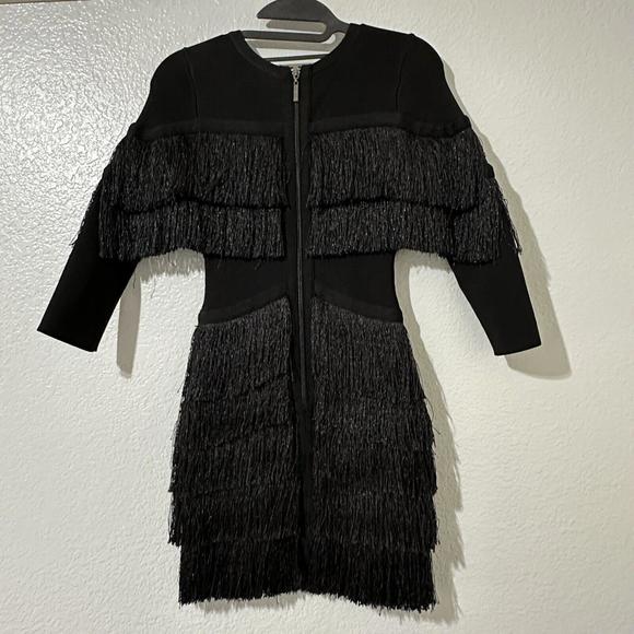 Marciano By Guess Black Mini Flapper Bodycon Fringe Plunge Dress XS Extra Small - Picture 3 of 11